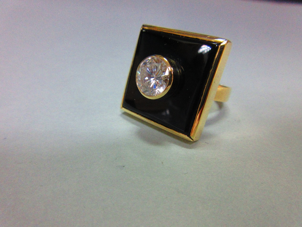 A 2ct diamond, onyx and gold modern handmade designer ring, the round brilliant cut diamond collet - Image 6 of 9