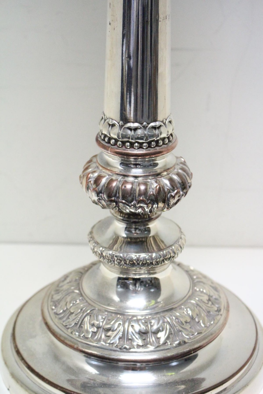 A very large pair of Old Sheffield plate candelabra, by Matthew Boulton, the bases rising from a - Image 3 of 6