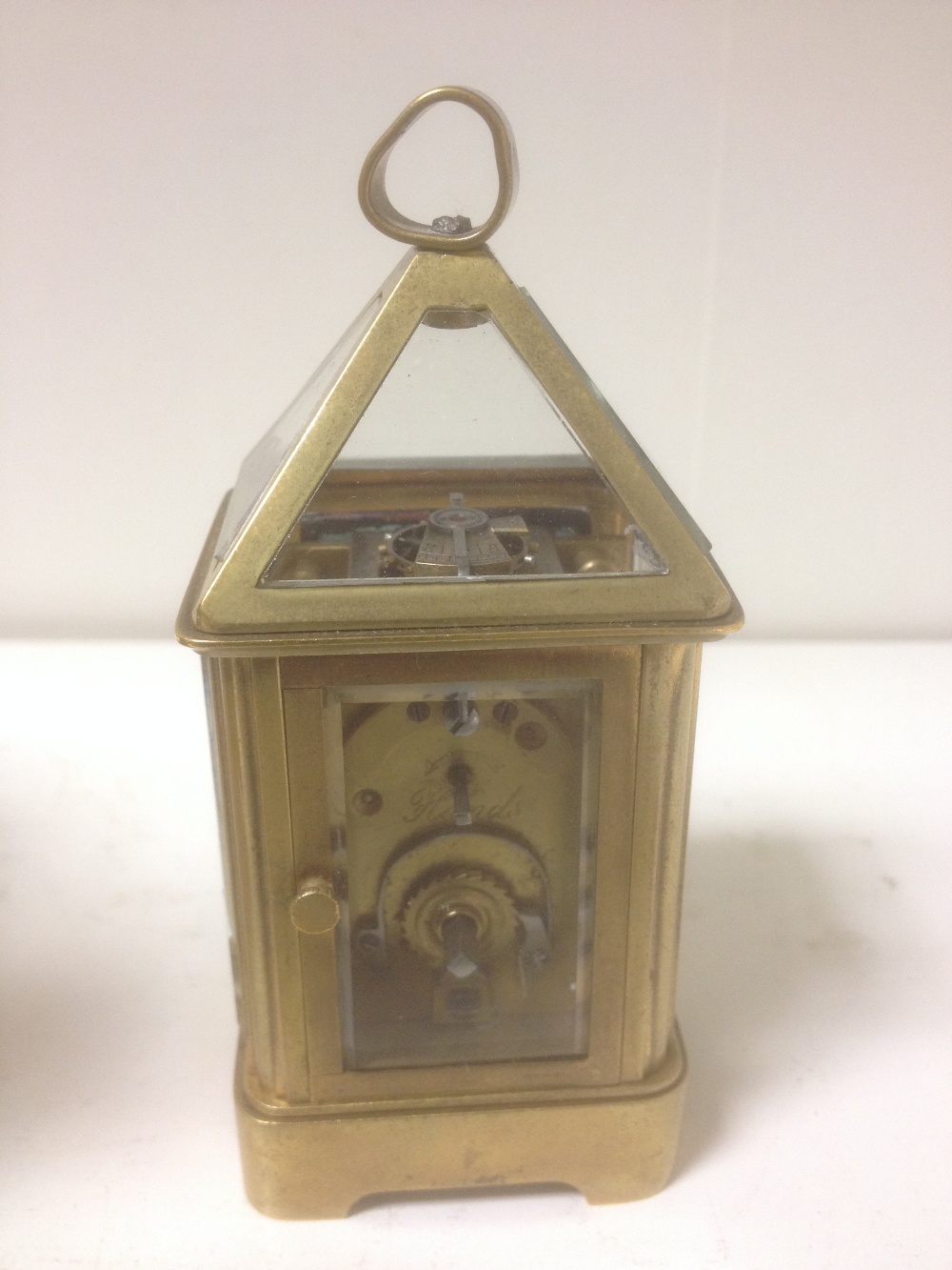 A French miniature lantern style carriage timepiece, circa 1900, with pyramid glazed top above - Image 3 of 4