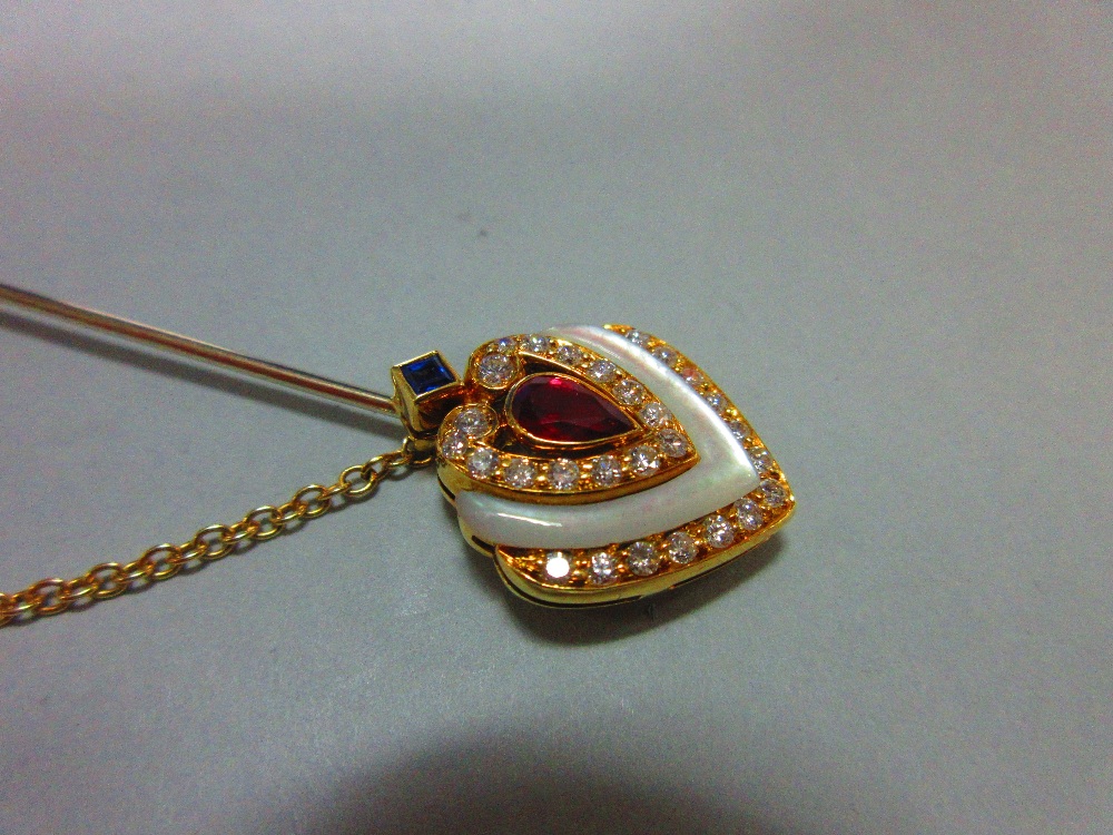 An Italian 18ct gold diamond and gem set jabot pin, the principal end heart shaped and formed by a - Image 2 of 6