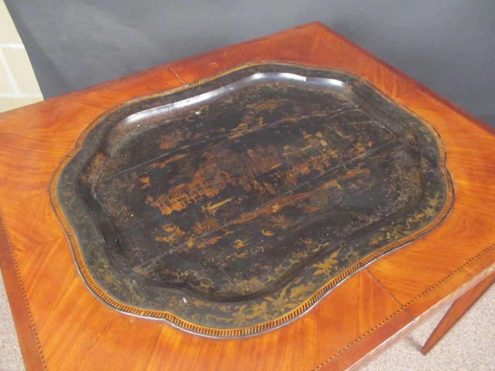 A late 18th century Continental mahogany and satinwood table, inset with a lacquer tray decorated - Image 2 of 4