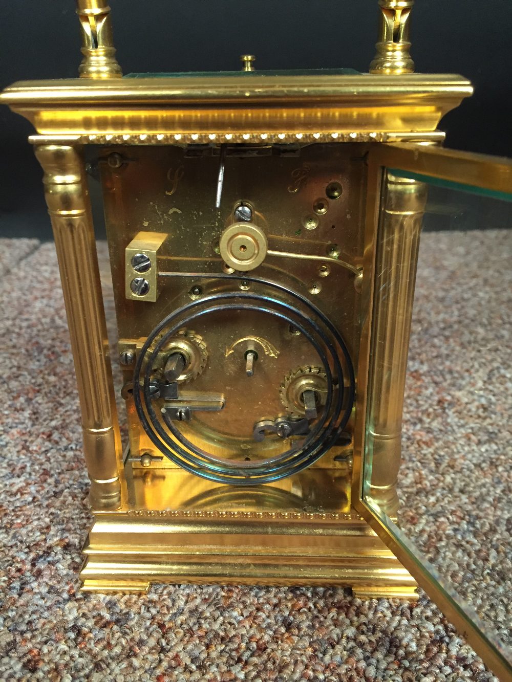 A French gilt brass carriage clock with repeat, the pillared case with silvered platform lever - Image 4 of 4