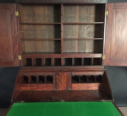 A George III mahogany bureau bookcase, circa 1770 with breakarch pediment, dentil cornice with blind - Image 3 of 5