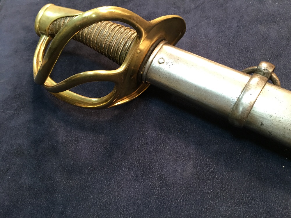 A 19th century French cavalry sword, the blade dated 1877, with brass three loop guard and wire - Image 3 of 6