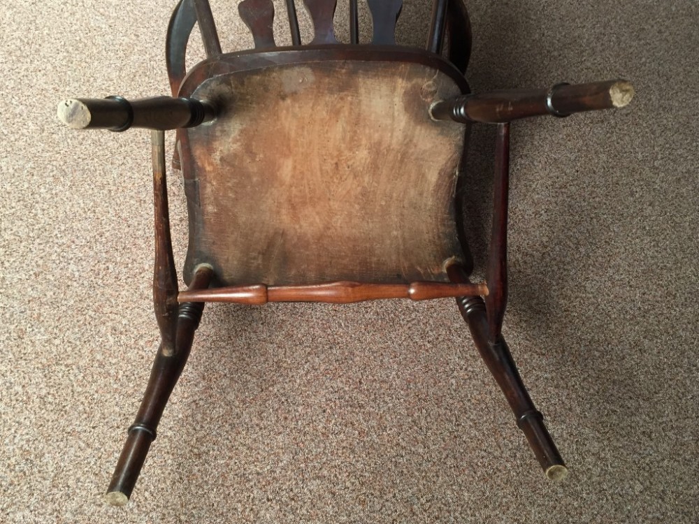 An early 19th century ash and fruitwood Windsor armchair, with fret carved and stick back, on turned - Image 2 of 4