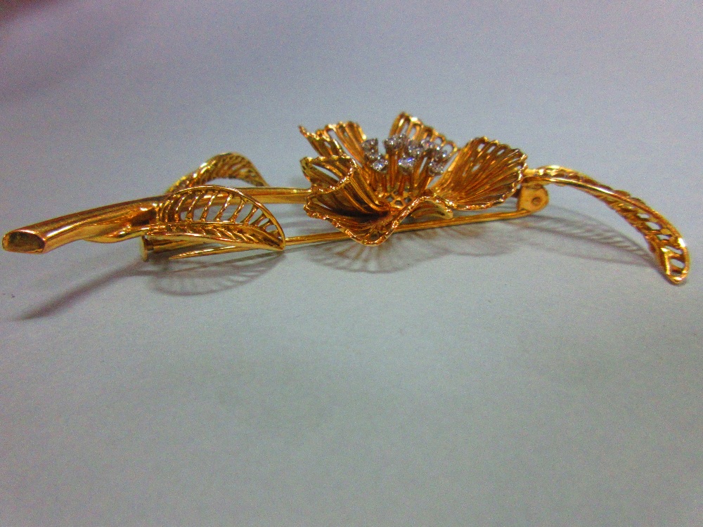 A mid-20th century diamond set flower brooch, of open wirework structure with three curled leaves - Image 4 of 5