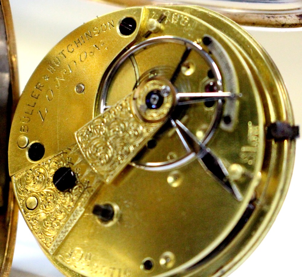 By Buller & Hutchinson - an 18ct gold open face fob watch, the engine turned gold coloured dial with - Image 3 of 3