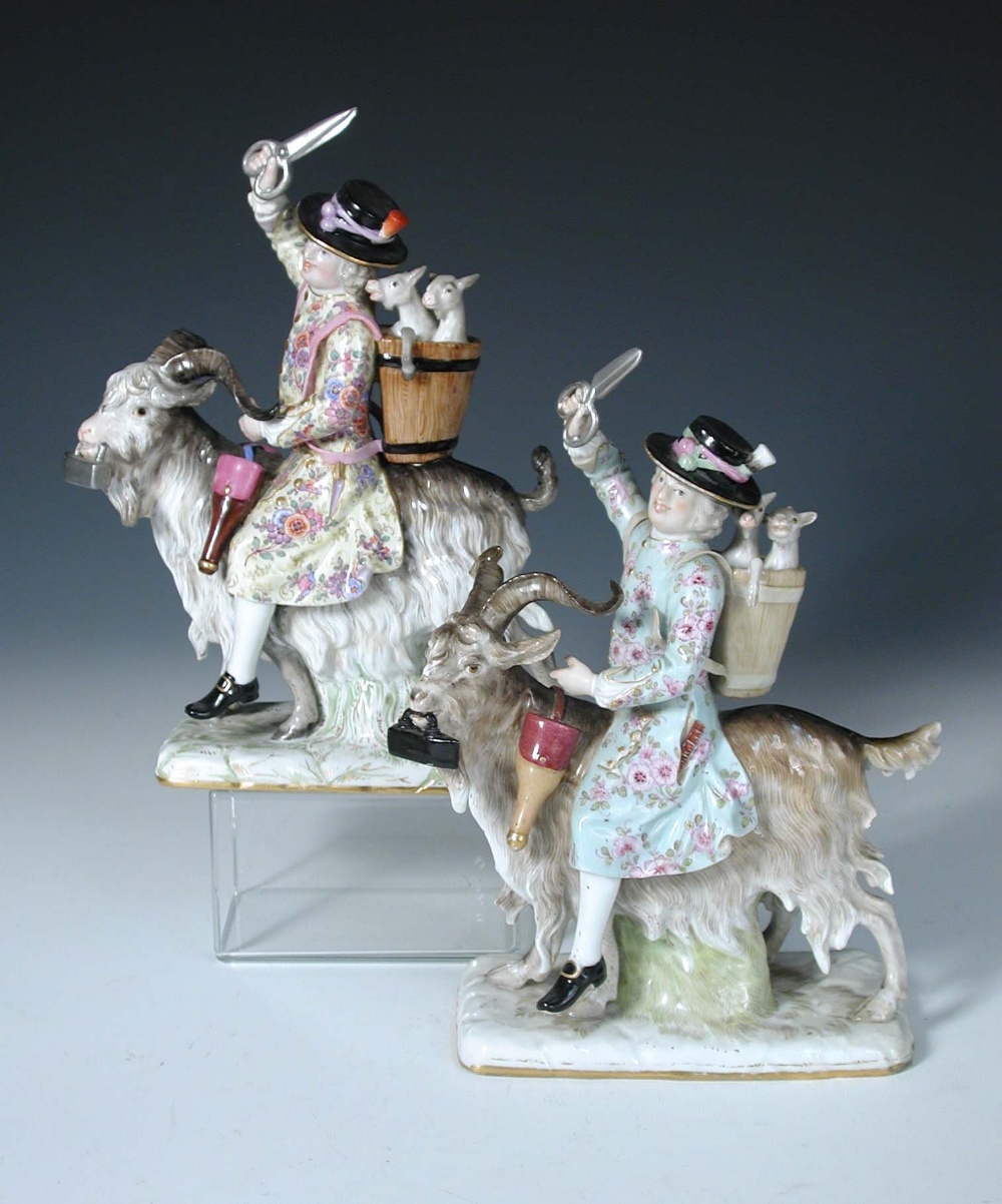 Two similar Meissen figures of Count Bruhl's tailor, riding his goat with scissors raised in his