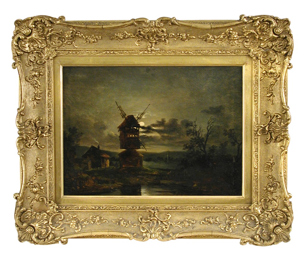 Manner of John Crome the Elder (British, 19th Century) View of a windmill in the moonlight oil on