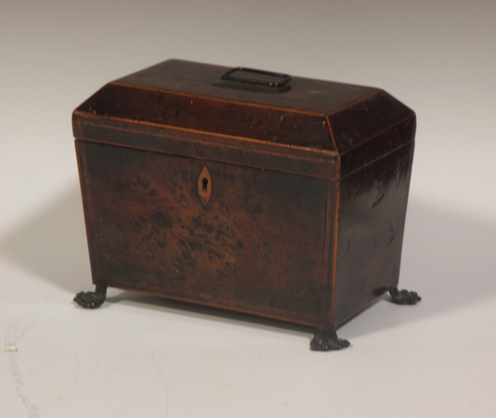 A George III burr elm tea caddy, the tapered body with boxwood stringing raised on lion paw feet - Image 2 of 3