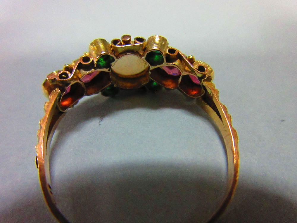 A Victorian opal and gemset ring in 15ct gold, the round cabochon opal between heart cut and round - Image 3 of 5