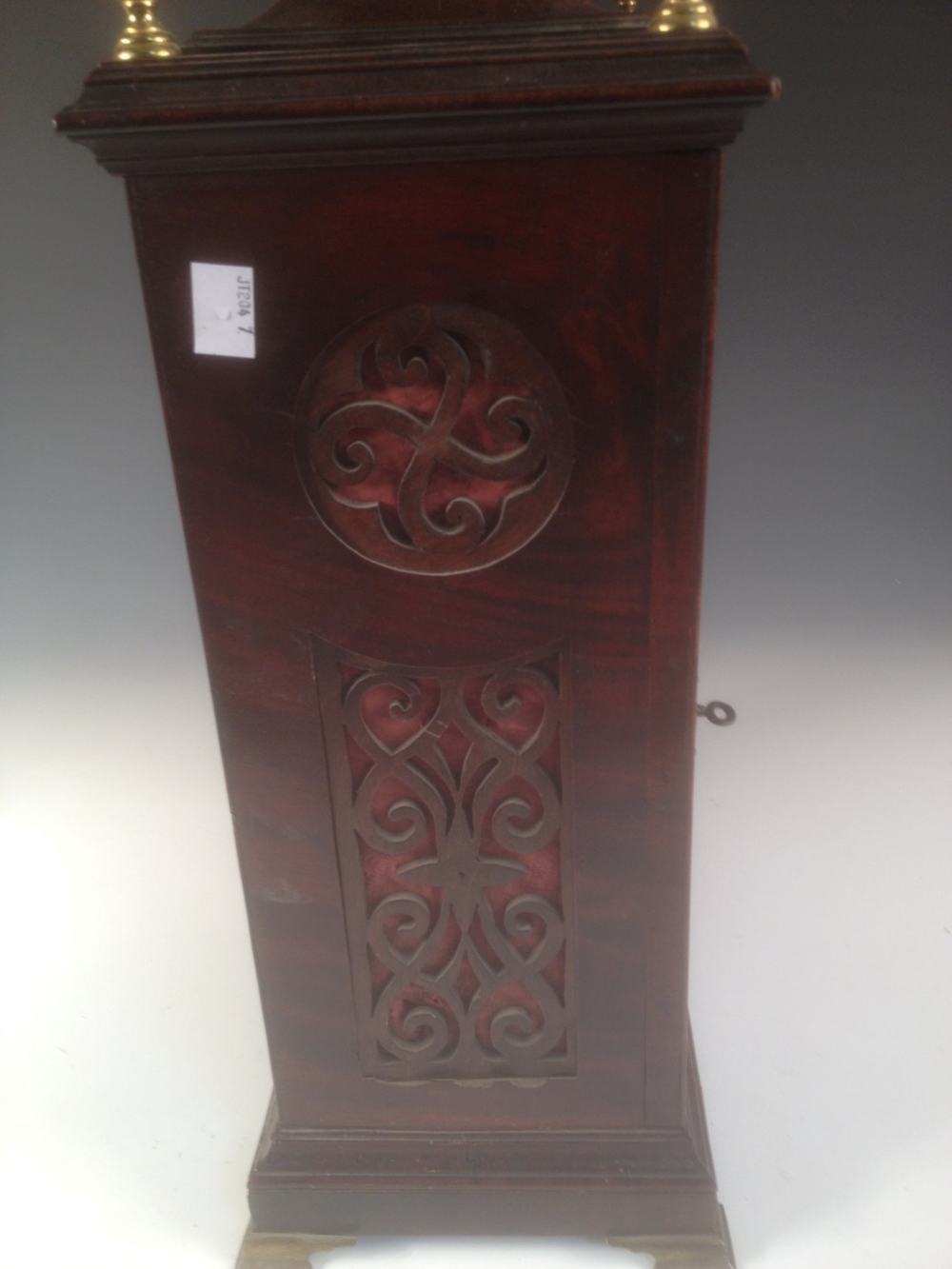 A George III mahogany bracket clock, the bell top case with brass handle and four gilt finials above - Image 2 of 7