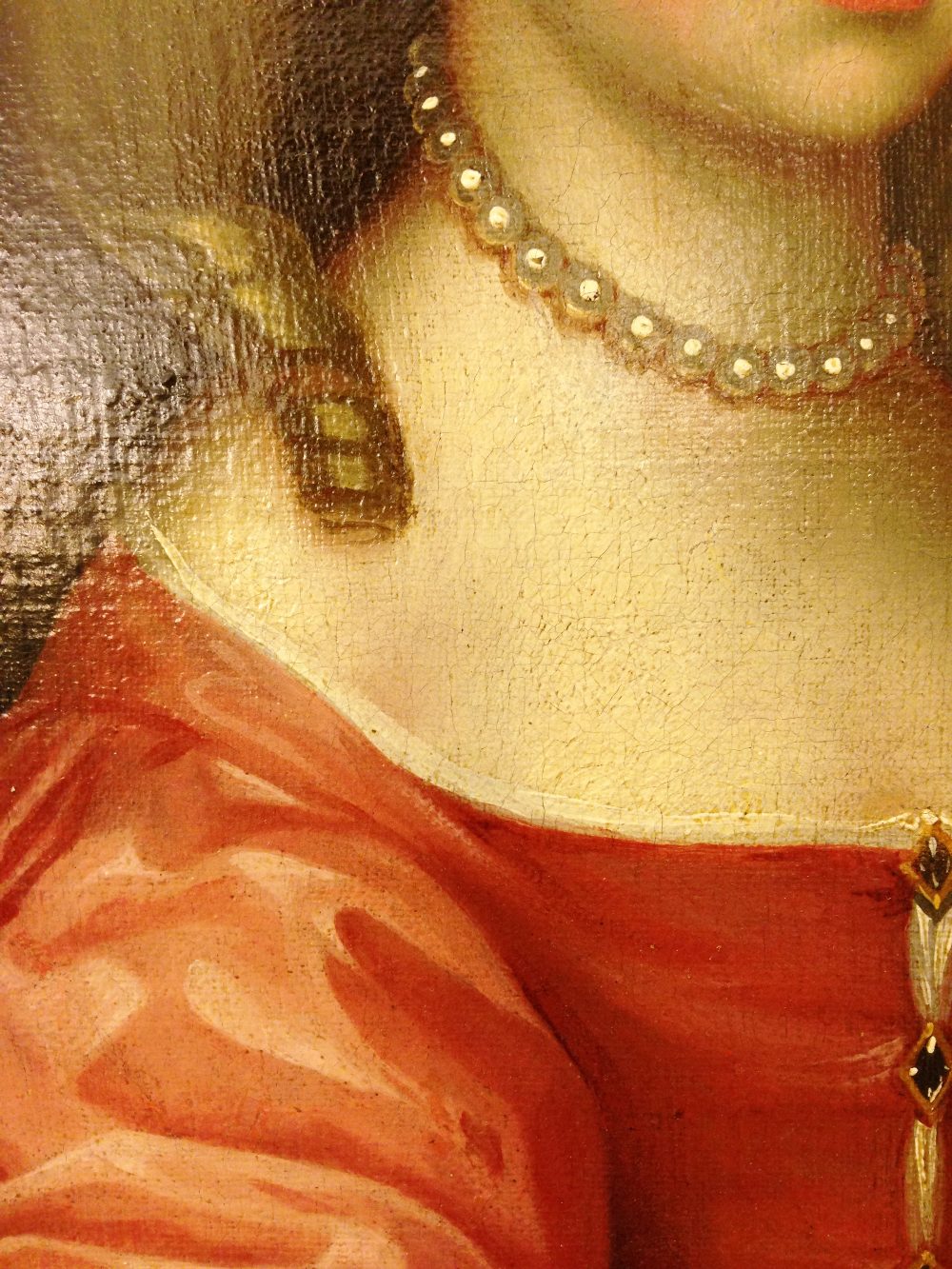 Circle of Sir Peter Lely (British, 1618-1680) Portrait of a lady in a red dress with jewelled - Image 12 of 15