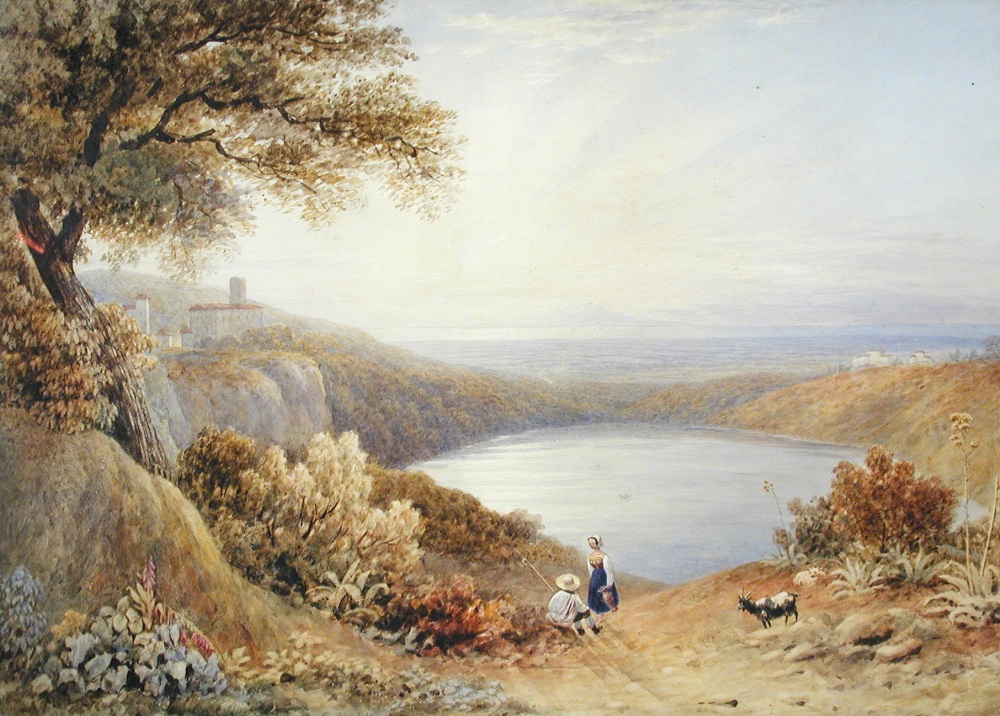 Frederick Nash (British, 1782-1856) View of Lake Nemi, looking south-west towards the town of