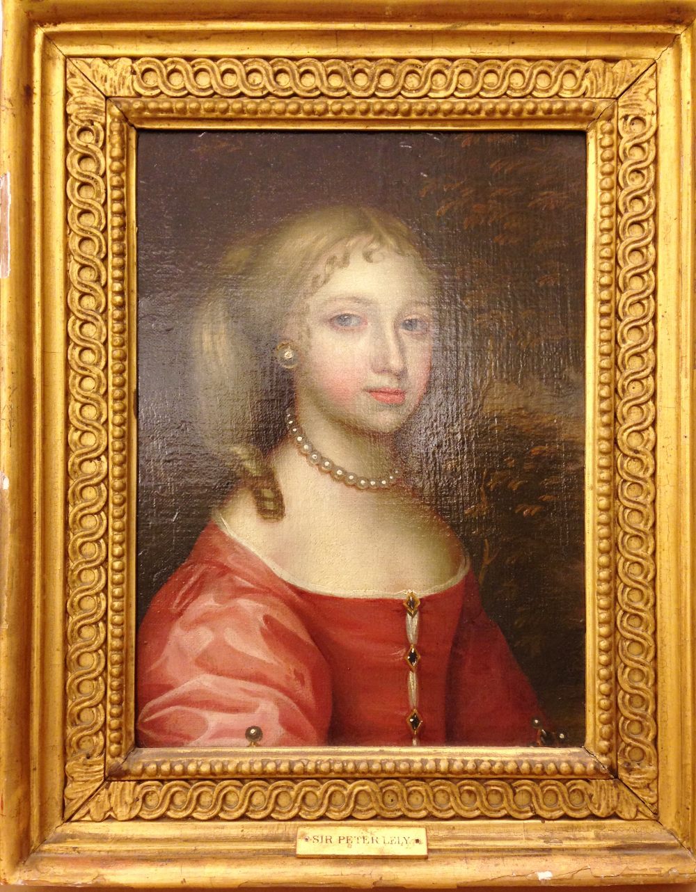 Circle of Sir Peter Lely (British, 1618-1680) Portrait of a lady in a red dress with jewelled - Image 10 of 15