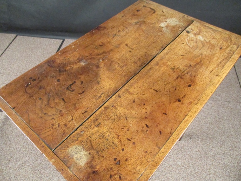 An 18th century oak side table, a patinated cleated plank top with single drawer, on tapering square - Image 2 of 4