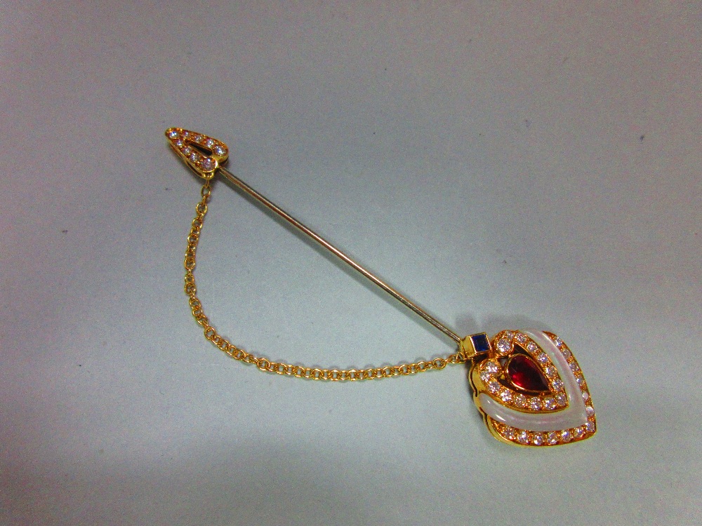 An Italian 18ct gold diamond and gem set jabot pin, the principal end heart shaped and formed by a