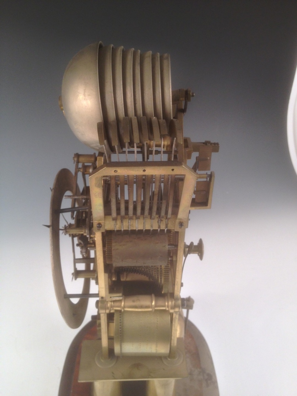 A Victorian brass bell chiming skeleton clock, the four tapering column legs supporting the twin - Image 4 of 6