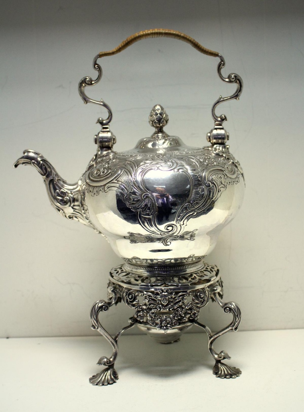 A silver tea kettle on stand, by George Methuen, London 1750, the upper compressed globular body - Image 2 of 8