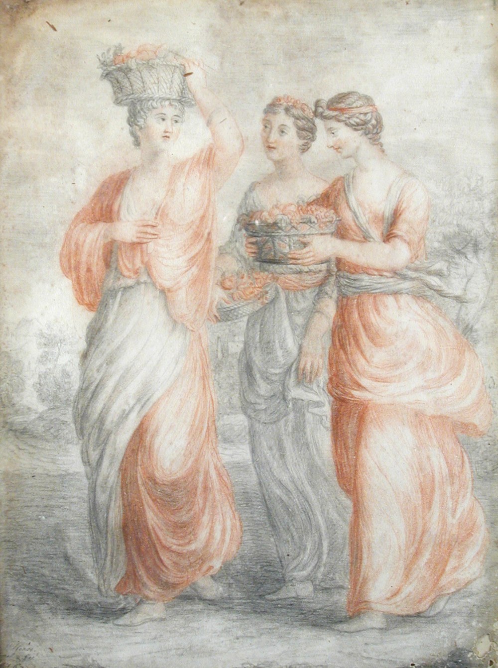 William Hoare, RA (British, 1707-1782) Three classical maidens carrying baskets of fruit signed