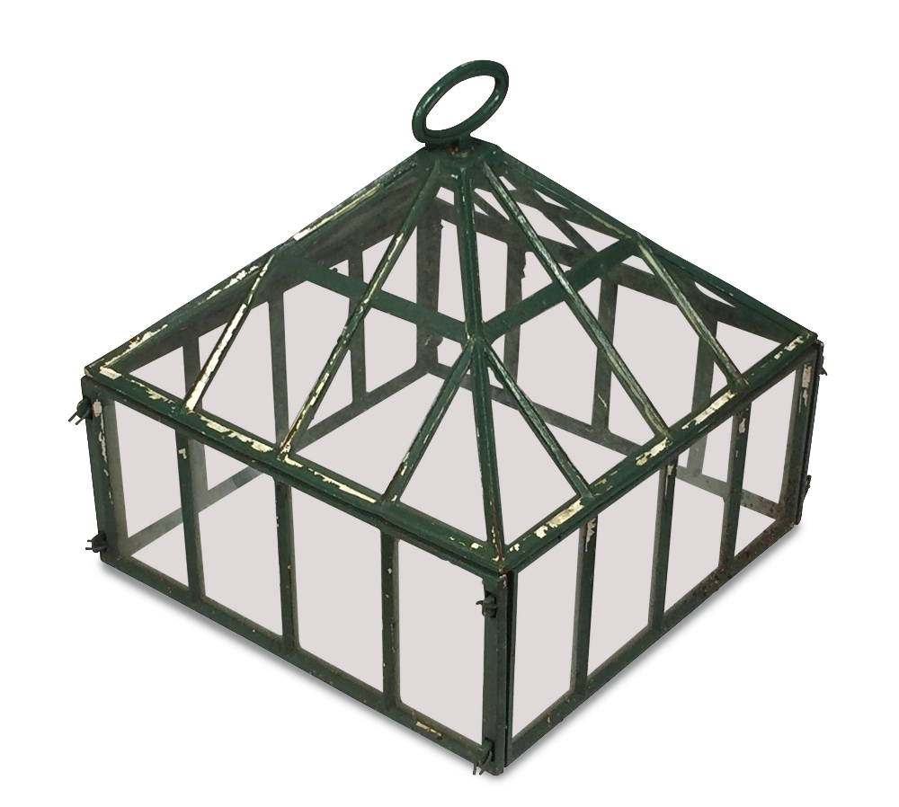 A green painted cast iron framed cloche, with pyramidal cover 51 x 51 x 51cm (20 x 20 x 20in) No