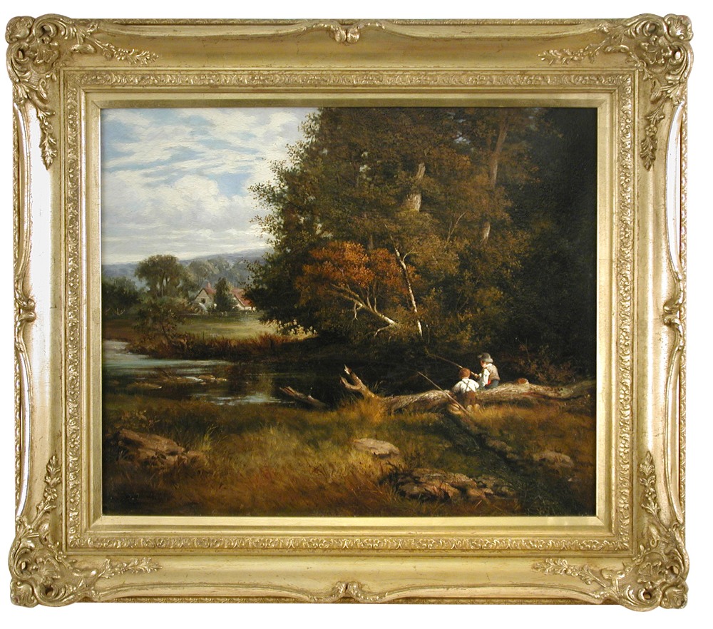 English School (19th Century) Two small boys fishing signed indistinctly lower left oil on canvas 49