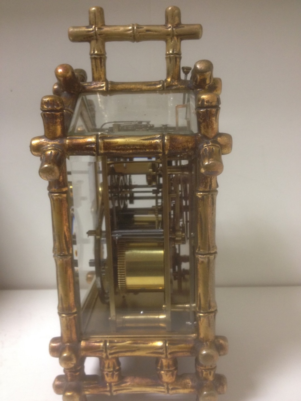 A gilt brass bamboo case carriage clock, circa 1890, with repeat and alarm, silvered platfom lever - Image 3 of 6