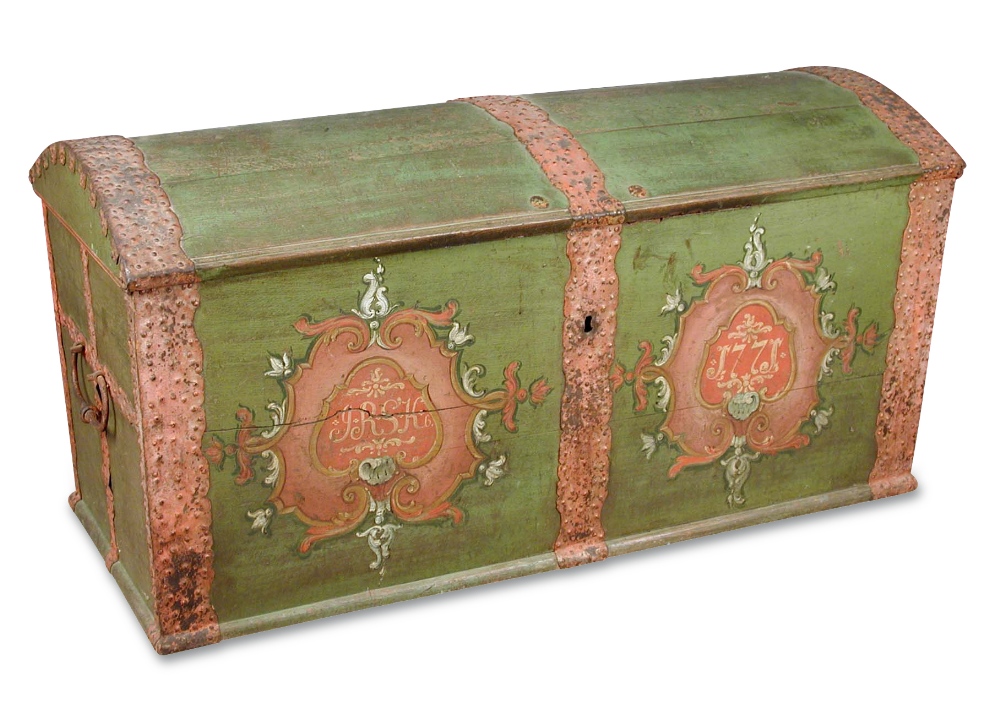 An 18th century Continental painted dowry chest, the domed top with metal bands and cartouche
