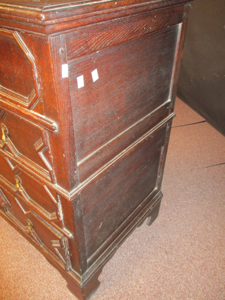 A James II oak chest, with moulded drawer fronts in two halves, brass pear drop handles and brass - Image 2 of 5