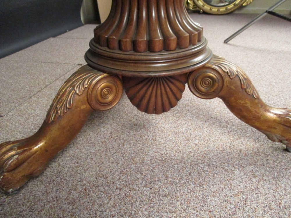 A Louis Phillipe marble top mahogany pedestal table, the freize with repeated flame figured veneers, - Image 4 of 5