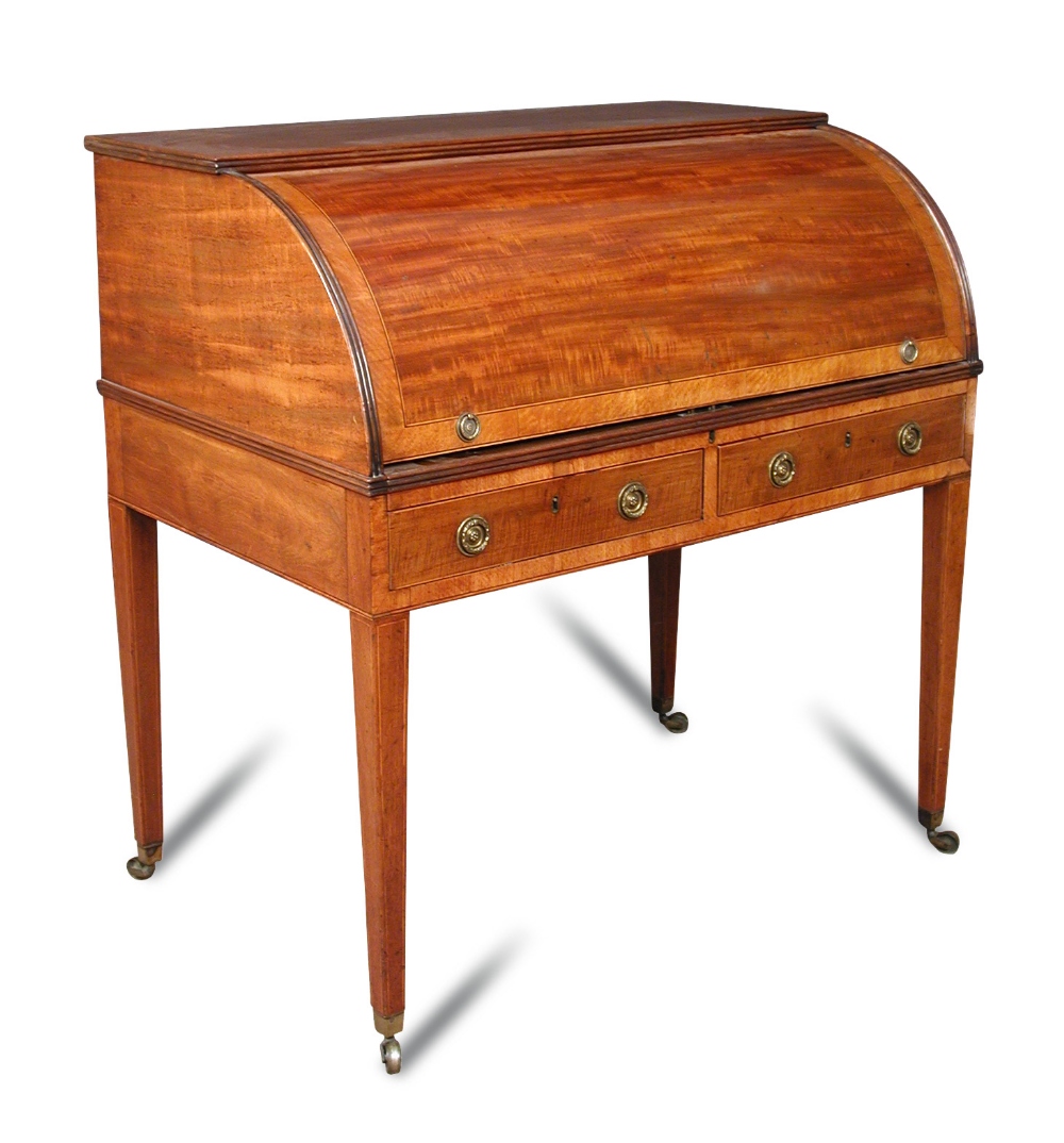 A Regency mahogany and satinwood cylinder bureau, satinwood banded border decoration, internally