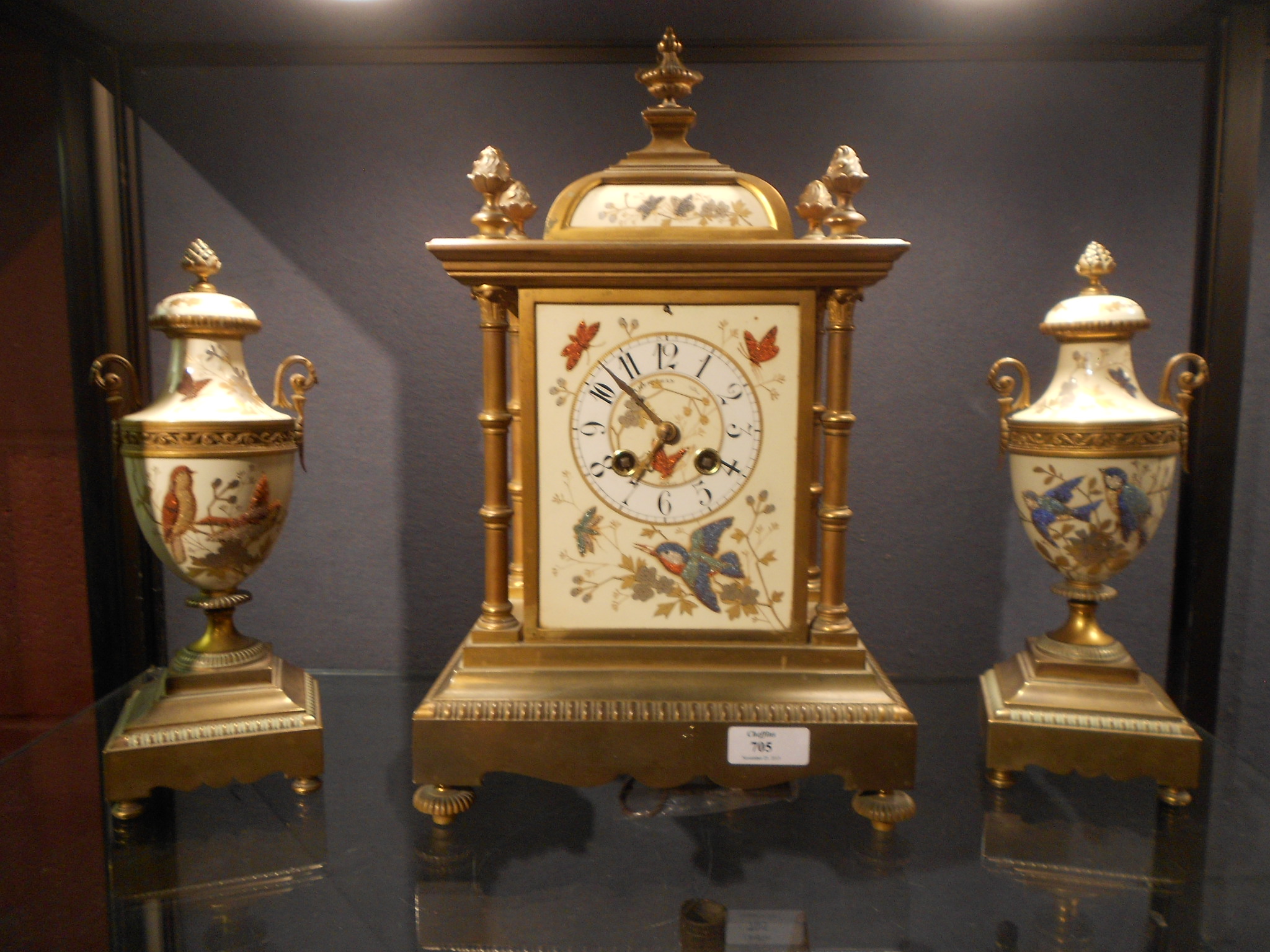 A late Victorian Aesthetic movement clock garniture, the lacquered brass case with domed cresting - Image 3 of 3