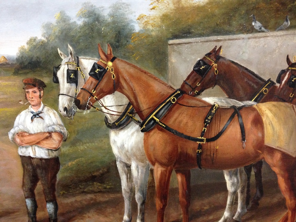 James Clark and Son (British, 1858-1943) A groom with four carriage horses and a terrier outside a - Image 3 of 6