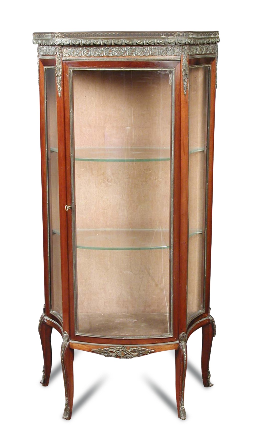 A late 19th century French gilt mounted mahogany vitrine, circa 1900, the galleried marble top above