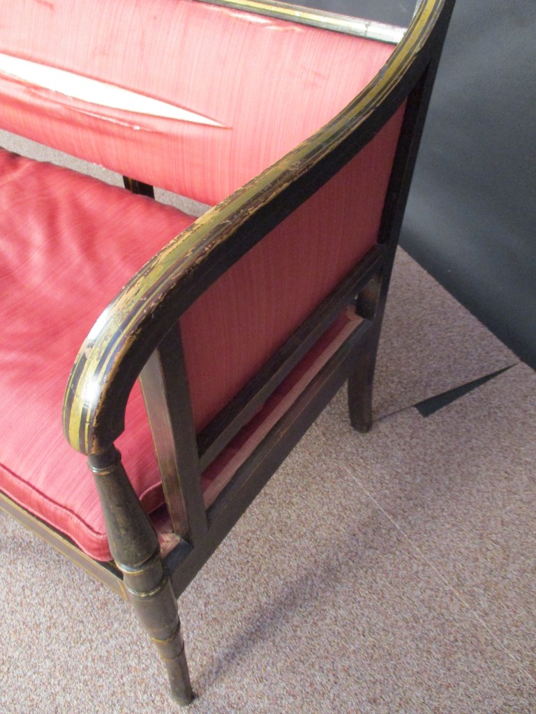 A Regency faux rosewood chair back settee, gilt lined border decoration, painted en grisaille with - Image 2 of 6