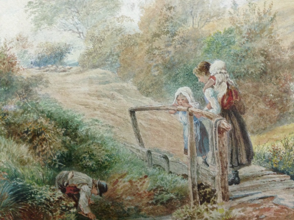 Myles Birket Foster (British, 1825-1899) Three small girls with a young boy fishing in a brook by - Image 3 of 5