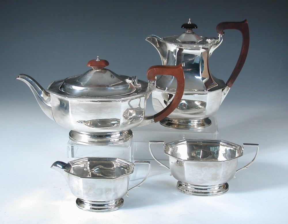 A four piece silver teaset, by The Adie Brothers, Birmingham 1946/47, the octagonal gadroon edged