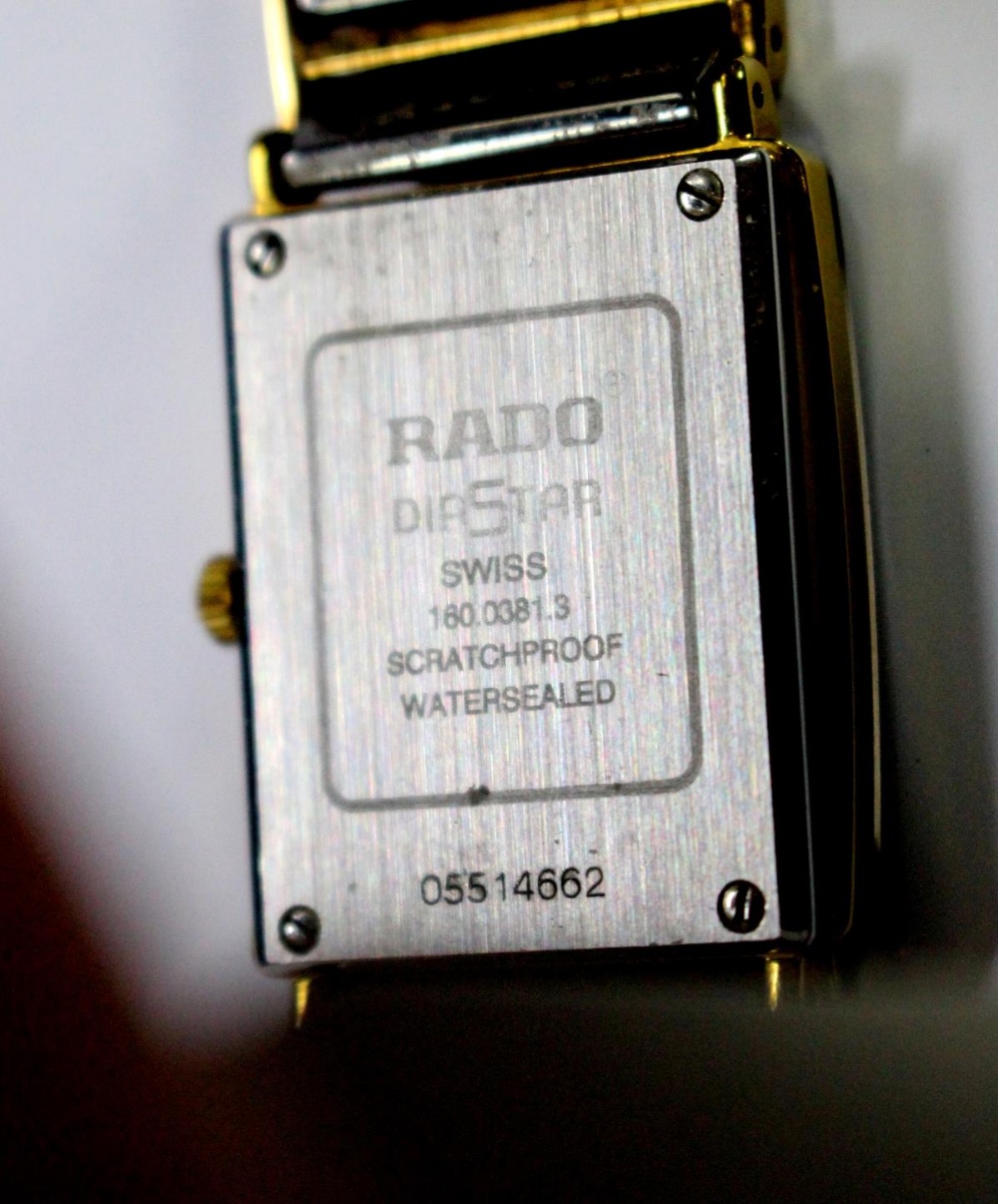 By Rado - a unisex 'Diastar' steel , titanium and gold plated quartz wristwatch, the rectangular - Image 2 of 2