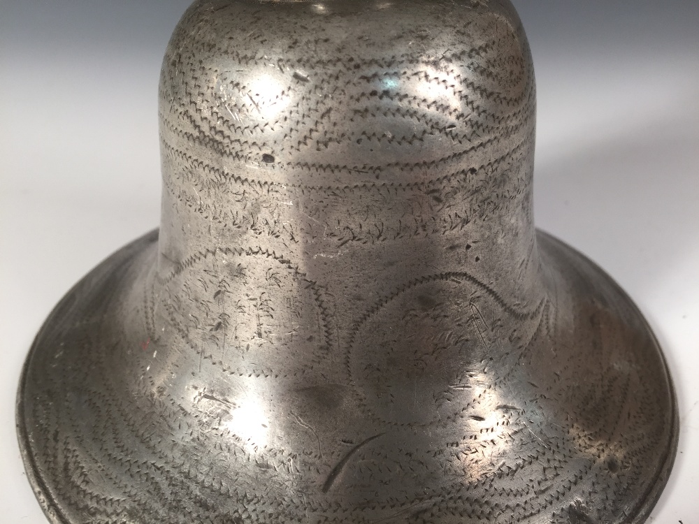 A pewter hookah pipe base, possibly 18th century Persian, the exterior of the bell shaped vessel - Image 3 of 4