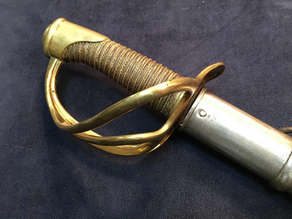 A 19th century French cavalry sword, the blade dated 1877, with brass three loop guard and wire - Image 2 of 6