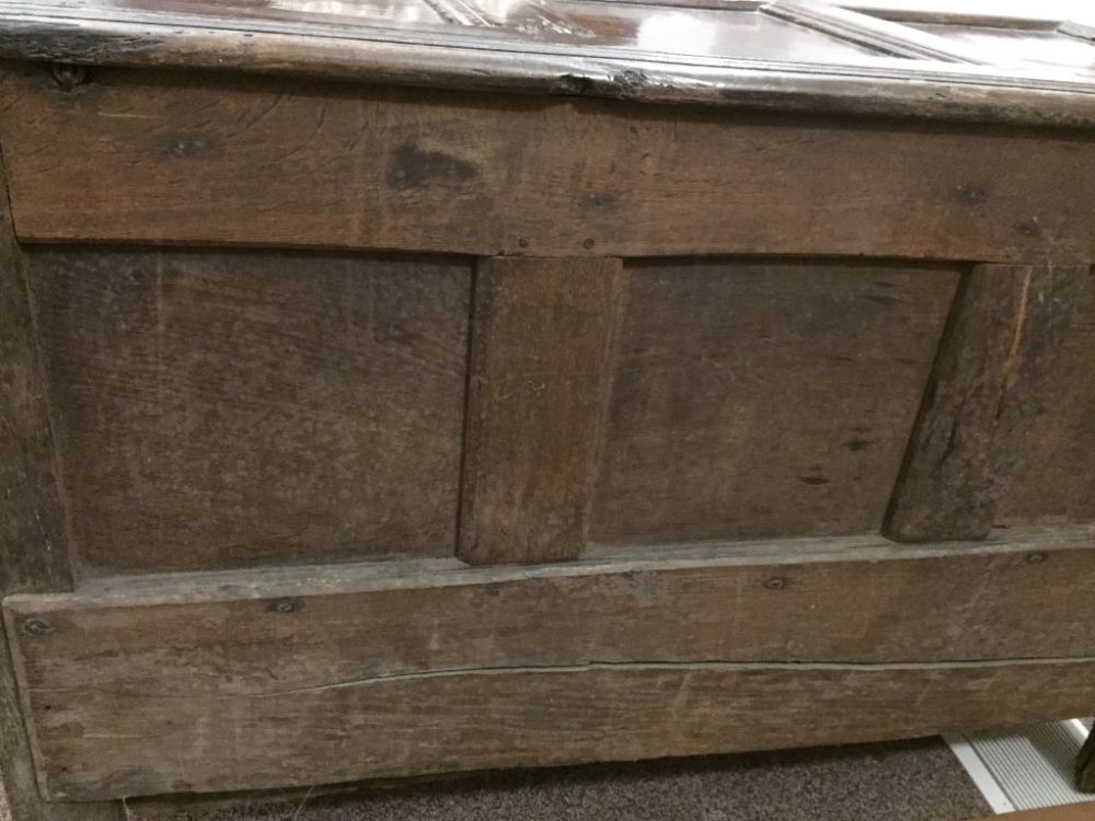 A 17th century panelled oak mule chest, carved with date 1683 and to the front panels, moulded - Image 5 of 5