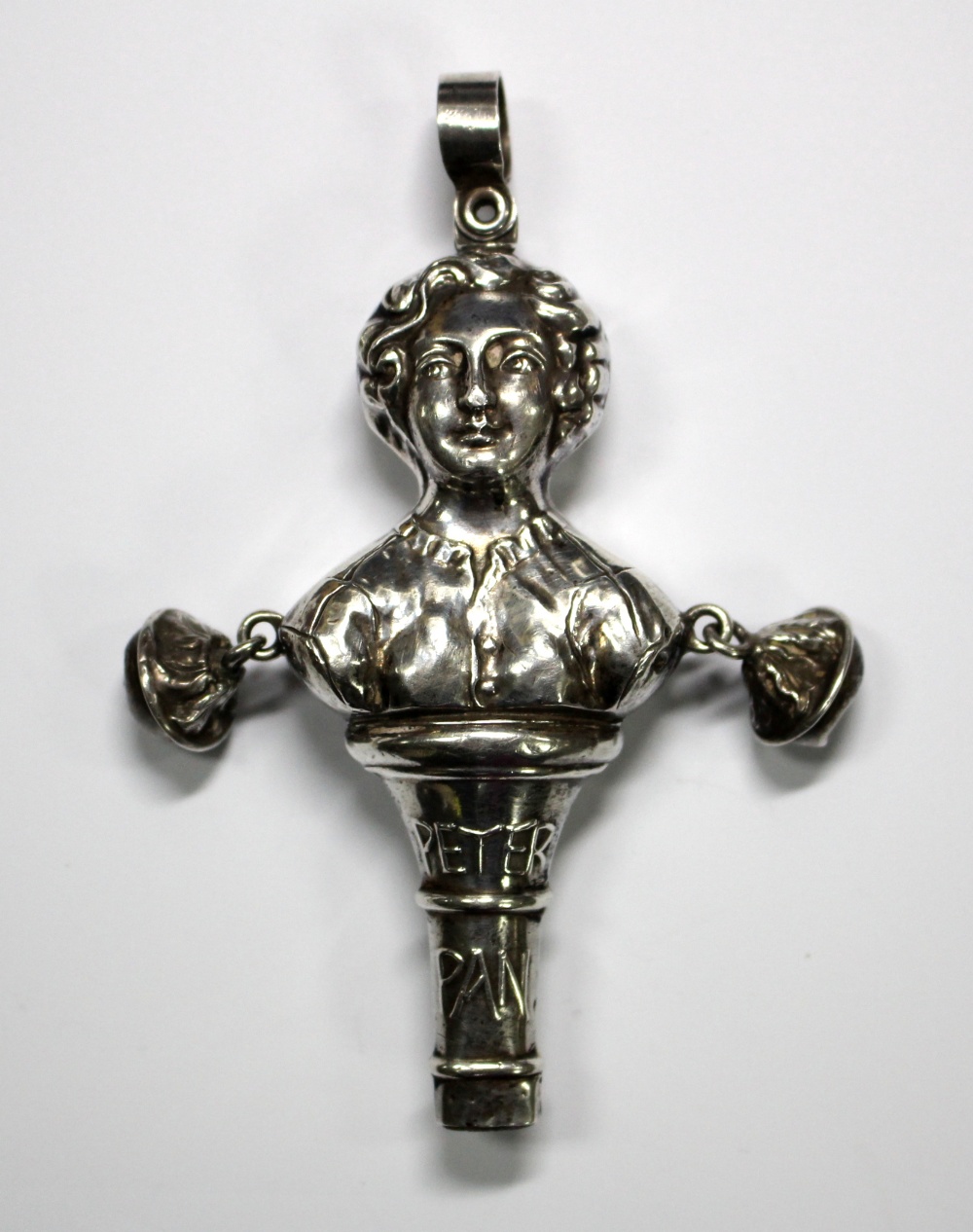 A Victorian silver 'Peter Pan' rattle and teether, by Crisford and Norris, Birmingham 1902, his