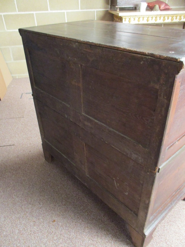 A James II oak chest, with moulded drawer fronts in two halves, brass pear drop handles and brass - Image 4 of 5