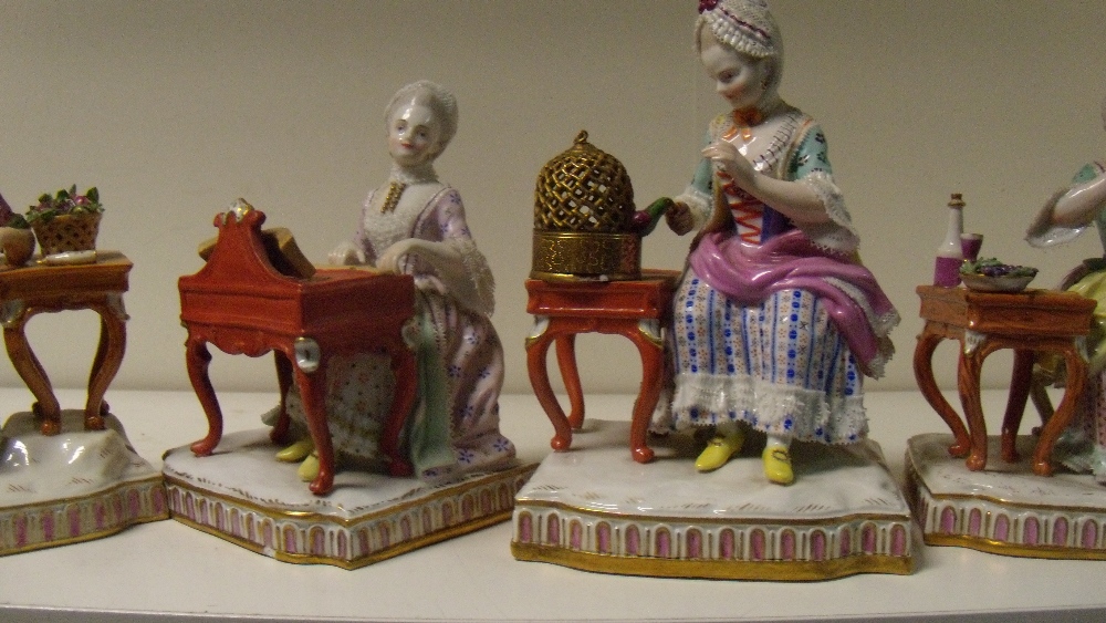 A set of five Meissen ladies seated stimulating their senses, one smelling a rose taken from the - Image 4 of 4