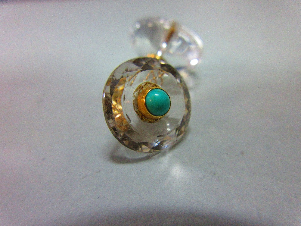 A pair of rock crystal and turquoise cufflinks, each with a circular cabochon turquoise collet set - Image 3 of 6
