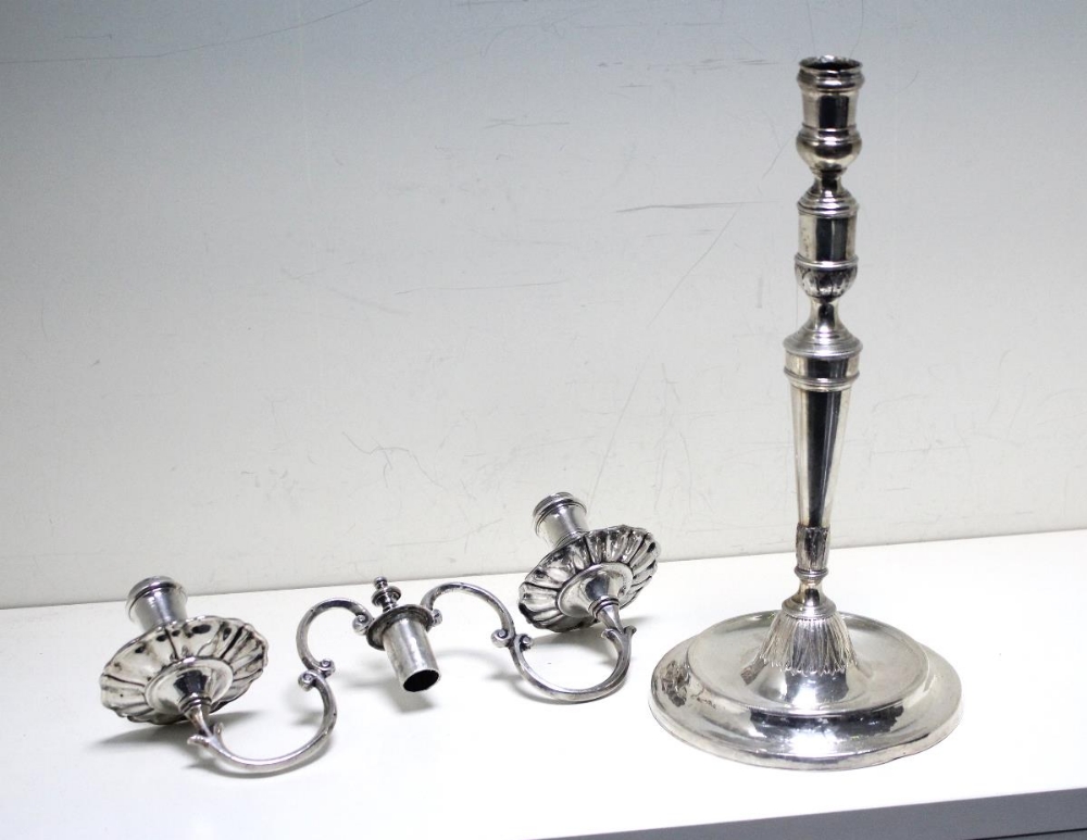 A pair of continental metalwares candelabra, unmarked, each raised from a circular foot with - Image 3 of 5