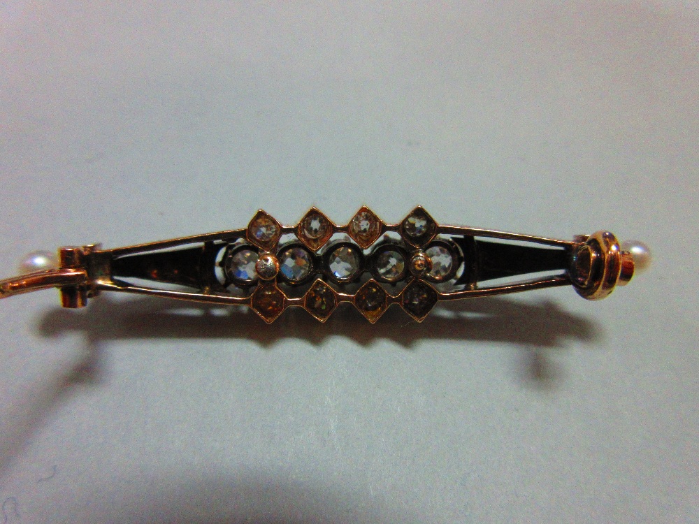 An antique diamond and pearl brooch, designed as a pierced and tapered slightly convex line with - Image 5 of 6