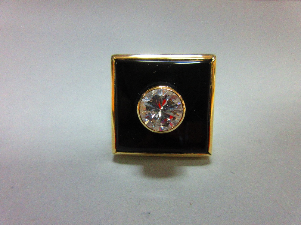 A 2ct diamond, onyx and gold modern handmade designer ring, the round brilliant cut diamond collet - Image 5 of 9