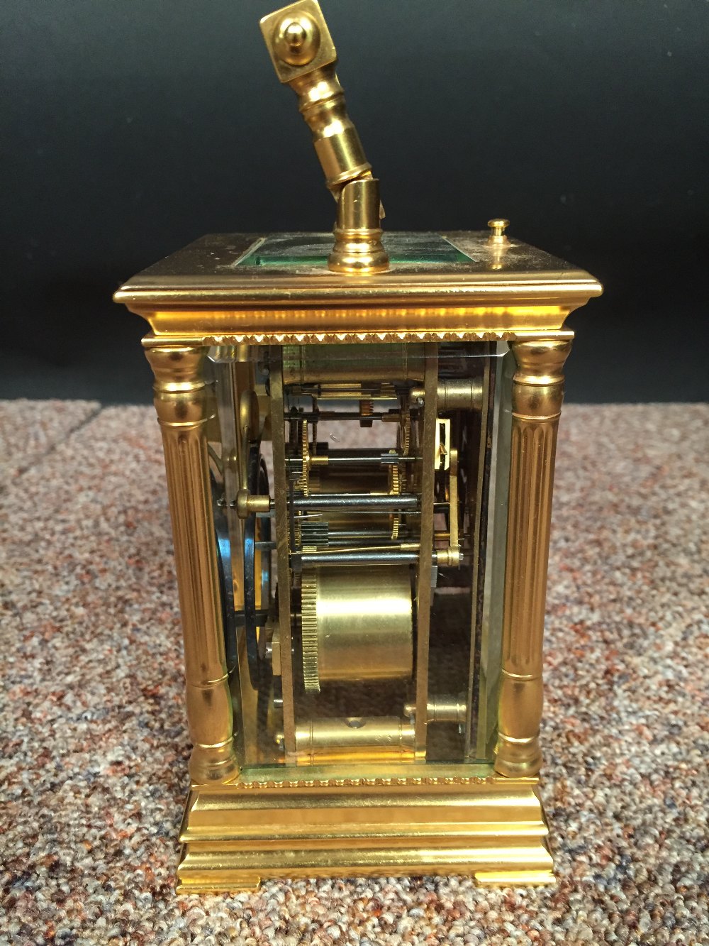 A French gilt brass carriage clock with repeat, the pillared case with silvered platform lever - Image 2 of 4