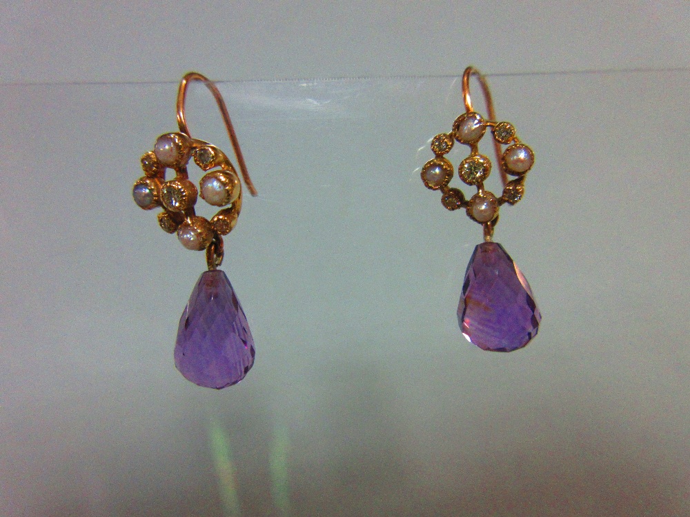 A pair of briolette amethyst, diamond and seed pearl earpendants, each hook fronted with an open - Image 4 of 4